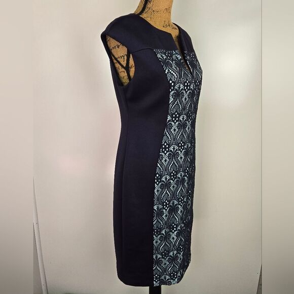 Connected Apparel Navy & Aqua Midi Dress w Front Lace Panel Sz 10 - Picture 2 of 9